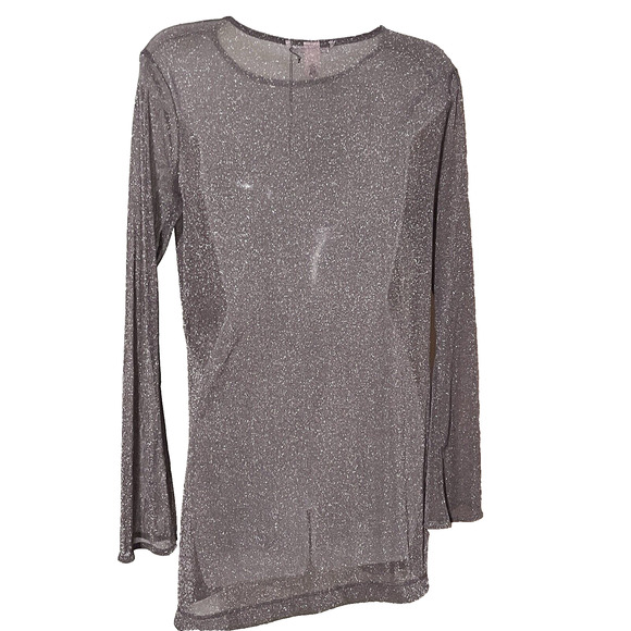NWT Womens Top Mesh Sheer New Year Metallic Shimmer Long Sleeve Sexy Club Fairy - Picture 3 of 10